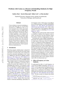 Problems with Cosine as a Measure of Embedding Similarity for High
  Frequency Words