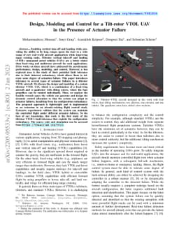 Design, Modeling and Control for a Tilt-rotor VTOL UAV in the Presence
  of Actuator Failure