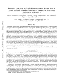 Learning to Guide Multiple Heterogeneous Actors from a Single Human
  Demonstration via Automatic Curriculum Learning in StarCraft II