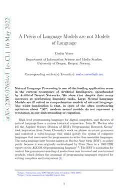 A Precis of Language Models are not Models of Language