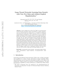 Large Neural Networks Learning from Scratch with Very Few Data and
  without Explicit Regularization