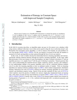 Estimation of Entropy in Constant Space with Improved Sample Complexity