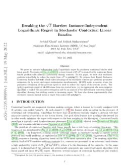Breaking the $\sqrt{T}$ Barrier: Instance-Independent Logarithmic Regret
  in Stochastic Contextual Linear Bandits