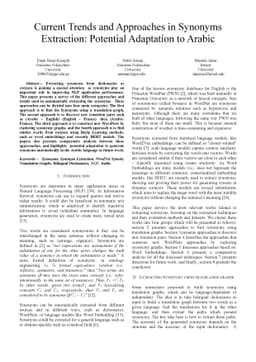 Current Trends and Approaches in Synonyms Extraction: Potential
  Adaptation to Arabic