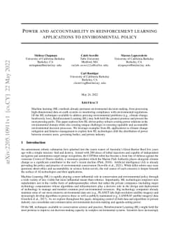 Power and accountability in reinforcement learning applications to
  environmental policy