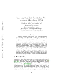 Improving Short Text Classification With Augmented Data Using GPT-3