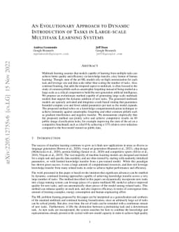 An Evolutionary Approach to Dynamic Introduction of Tasks in Large-scale
  Multitask Learning Systems
