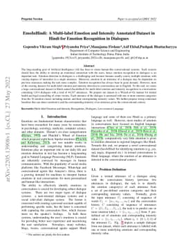 EmoInHindi: A Multi-label Emotion and Intensity Annotated Dataset in
  Hindi for Emotion Recognition in Dialogues