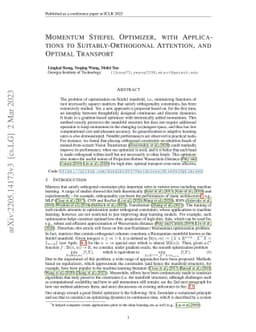 Momentum Stiefel Optimizer, with Applications to Suitably-Orthogonal
  Attention, and Optimal Transport