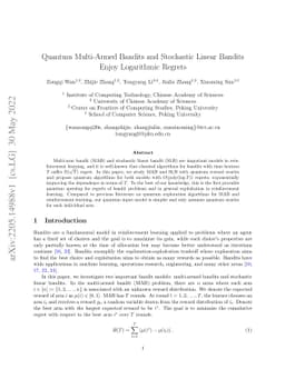 Quantum Multi-Armed Bandits and Stochastic Linear Bandits Enjoy
  Logarithmic Regrets