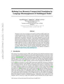 Refining Low-Resource Unsupervised Translation by Language
  Disentanglement of Multilingual Model