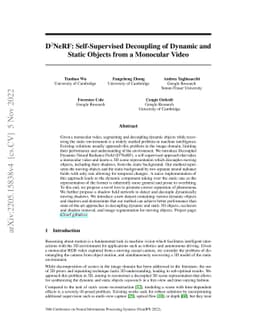 D$^2$NeRF: Self-Supervised Decoupling of Dynamic and Static Objects from
  a Monocular Video