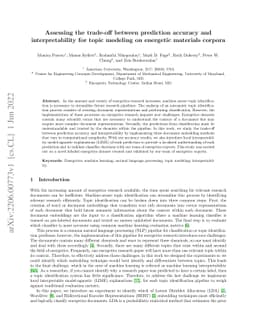 Assessing the trade-off between prediction accuracy and interpretability
  for topic modeling on energetic materials corpora