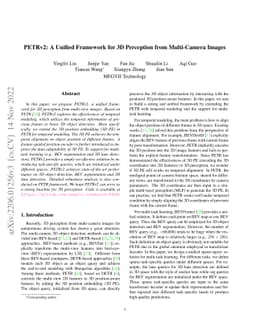 PETRv2: A Unified Framework for 3D Perception from Multi-Camera Images