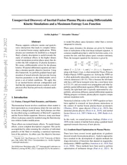Unsupervised Discovery of Inertial-Fusion Plasma Physics using
  Differentiable Kinetic Simulations and a Maximum Entropy Loss Function