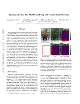 Learning sRGB-to-Raw-RGB De-rendering with Content-Aware Metadata