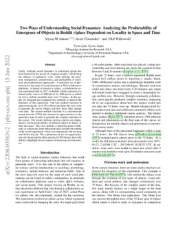 Two Ways of Understanding Social Dynamics: Analyzing the Predictability
  of Emergence of Objects in Reddit r/place Dependent on Locality in Space and
  Time