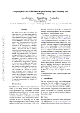 Analyzing Folktales of Different Regions Using Topic Modeling and
  Clustering