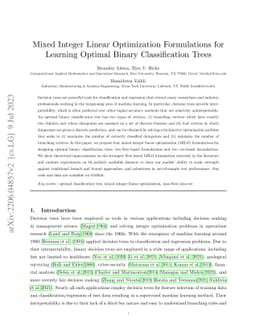 Mixed integer linear optimization formulations for learning optimal
  binary classification trees