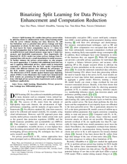 Binarizing Split Learning for Data Privacy Enhancement and Computation
  Reduction