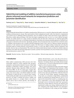 Hybrid thermal modeling of additive manufacturing processes using
  physics-informed neural networks for temperature prediction and parameter
  identification