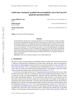 Label noise (stochastic) gradient descent implicitly solves the Lasso
  for quadratic parametrisation