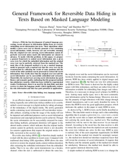 General Framework for Reversible Data Hiding in Texts Based on Masked
  Language Modeling