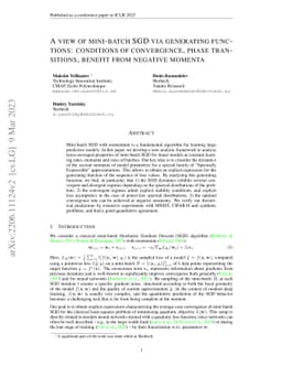A view of mini-batch SGD via generating functions: conditions of
  convergence, phase transitions, benefit from negative momenta