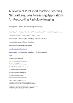 A Review of Published Machine Learning Natural Language Processing
  Applications for Protocolling Radiology Imaging