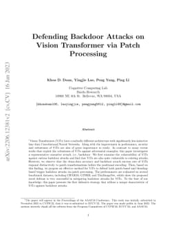 Defending Backdoor Attacks on Vision Transformer via Patch Processing