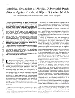 Empirical Evaluation of Physical Adversarial Patch Attacks Against
  Overhead Object Detection Models
