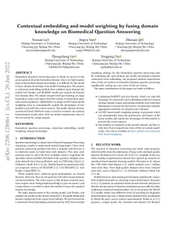 Contextual embedding and model weighting by fusing domain knowledge on
  Biomedical Question Answering