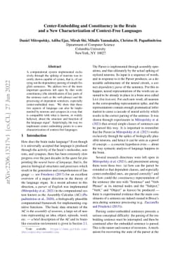 Center-Embedding and Constituency in the Brain and a New
  Characterization of Context-Free Languages