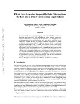 Pile of Law: Learning Responsible Data Filtering from the Law and a
  256GB Open-Source Legal Dataset