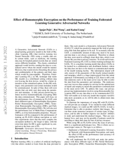 Effect of Homomorphic Encryption on the Performance of Training
  Federated Learning Generative Adversarial Networks
