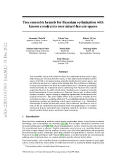 Tree ensemble kernels for Bayesian optimization with known constraints
  over mixed-feature spaces