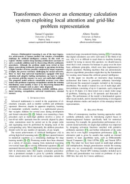 Transformers discover an elementary calculation system exploiting local
  attention and grid-like problem representation