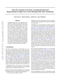 Don't Pay Attention to the Noise: Learning Self-supervised
  Representations of Light Curves with a Denoising Time Series Transformer