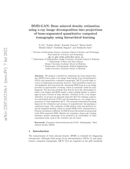 BMD-GAN: Bone mineral density estimation using x-ray image decomposition
  into projections of bone-segmented quantitative computed tomography using
  hierarchical learning