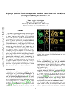 Highlight Specular Reflection Separation based on Tensor Low-rank and
  Sparse Decomposition Using Polarimetric Cues