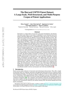 The Harvard USPTO Patent Dataset: A Large-Scale, Well-Structured, and
  Multi-Purpose Corpus of Patent Applications