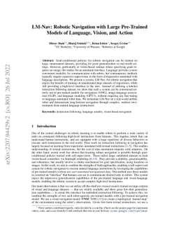 LM-Nav: Robotic Navigation with Large Pre-Trained Models of Language,
  Vision, and Action