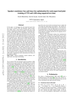 Speaker consistency loss and step-wise optimization for semi-supervised
  joint training of TTS and ASR using unpaired text data