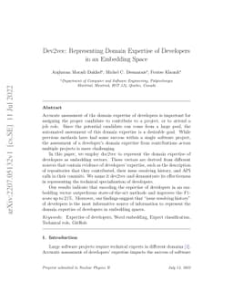 Dev2vec: Representing Domain Expertise of Developers in an Embedding
  Space