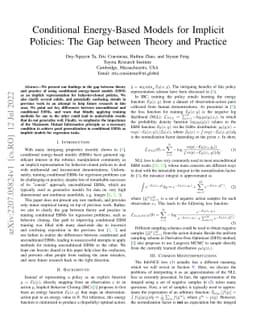 Conditional Energy-Based Models for Implicit Policies: The Gap between
  Theory and Practice