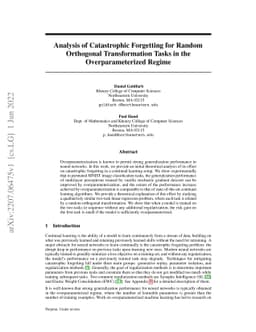 Analysis of Catastrophic Forgetting for Random Orthogonal Transformation
  Tasks in the Overparameterized Regime