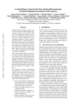 A methodology to characterize bias and harmful stereotypes in natural
  language processing in Latin America