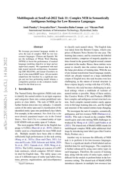 Multilinguals at SemEval-2022 Task 11: Complex NER in Semantically
  Ambiguous Settings for Low Resource Languages