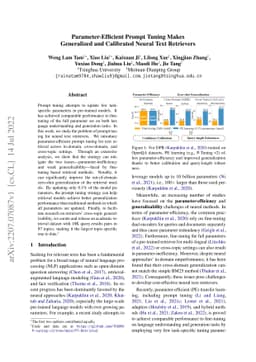 Parameter-Efficient Prompt Tuning Makes Generalized and Calibrated
  Neural Text Retrievers