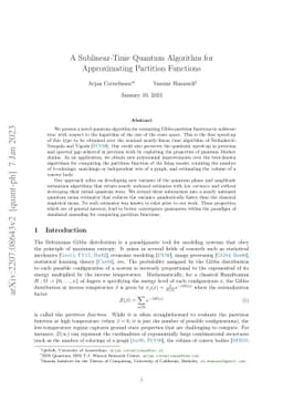 A Sublinear-Time Quantum Algorithm for Approximating Partition Functions